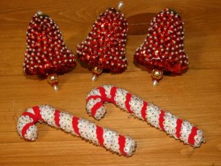Vintage Christmas Hand Made Bead And Sequin Bell And Candy Cane Ornaments