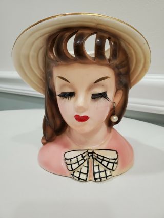 Vintage Napco Headvase Head Vase C4553b Pink Top With Checkered Ribbon 5 3/4 ".  H