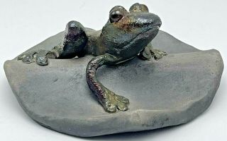 Frog Leaf Lily Pad Art Pottery Figurine Paperweight Signed Vanhooser Raku
