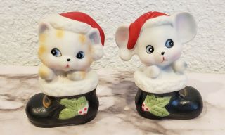 Vintage Christmas Homco Cat & Mouse In Santa Boots Kitsch Taiwan