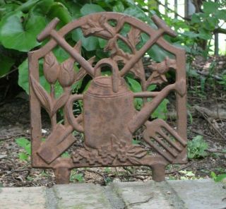 Vintage Cast Metal Garden Stake Sign Watering Can W/ Crossed Spade & Fork