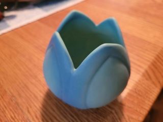 Signed Van Briggle Tulip Vase - Turquoise Blue Matte Glaze - 4 " X 4 " -