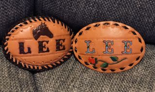 2 Vintage “lee” Name Horse & Rose Handcrafted Leather Western Belt Buckles