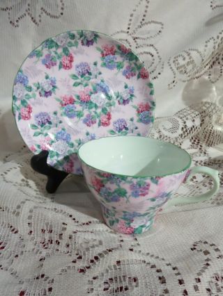 Shelley " Summer Glory " Chintz Tea Cup & Saucer Green Trim And Handle