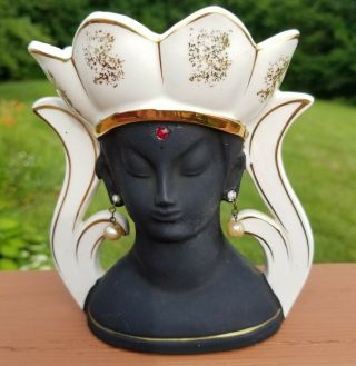 Very Rare 1956 Napco Head Vase C2635b Vintage Indian Princess Black White Gold
