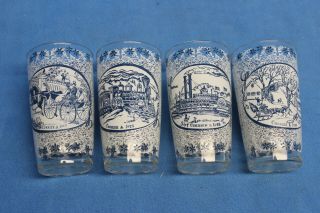 4 Vintage Currier And Ives Blue 10 Oz.  Beverage Drinking Glasses