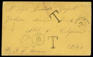 1878 Italy To Jackson,  California Via " C.  P.  R.  R.  " York " Due 10 Cents "