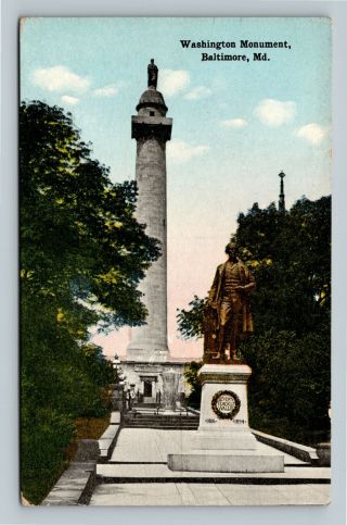Baltimore Md,  Washington Monument & Wallis Statue,  Vintage Maryland Postcard