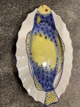 Lg Zanolli Italy Hand Painted Fish Shape Serving Platter Plate Yellow/blue 17.  5”