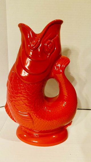 Rare Nwt Wade 10.  5” Stoke - On - Trent Gluggle Jug Ceramic Red Fish Pitcher Vase Htf
