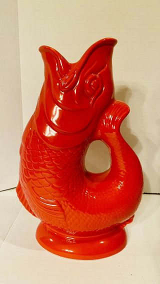 Rare NWT Wade 10.  5” Stoke - on - Trent Gluggle Jug Ceramic Red Fish Pitcher Vase HTF 2