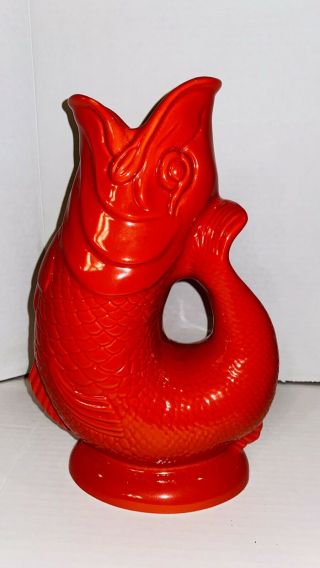 Rare NWT Wade 10.  5” Stoke - on - Trent Gluggle Jug Ceramic Red Fish Pitcher Vase HTF 3