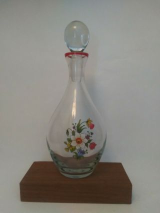 Vintage Hand Blown Glass Decanter Floral Transfer Design Red Trim With Stopper