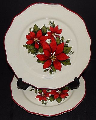 2 Better Homes And Gardens Christmas Poinsettia Dessert Salad Plates Red Rimmed