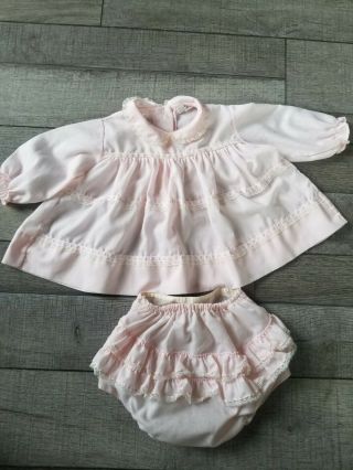 Vintage Baby Infant Girls 2 Pc.  Outfit Dress Rubber Pants Fawn Togs