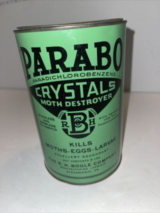 Vintage Parabo Advertising Tin Moth Destroyer Crystals Can R.  H.  Bogle Company