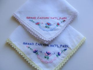 2 Vintage Embroidered/lace Handkerchief Grand Canyon Nat 