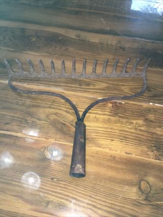 Vintage Rustic Rusty Iron Rake Head Garden Tool Primitive Steampunk 14 "