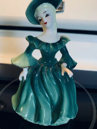 Vintage Hand Painted Mid - 20th Century Napco Planter - Lady In Green Dress & Hat