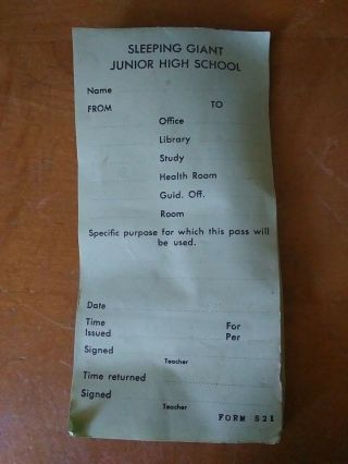 Vintage Sleeping Giant Junior High School Hall Pass Book.  Vtg.  Ephemera
