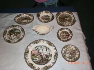 Vtg.  8 Pc.  Johnson Bro.  S The Friendly Village Willow By The Brook Serving Items