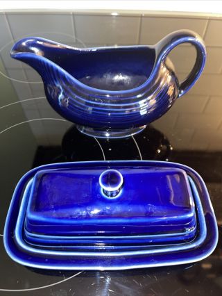 Vintage Fiesta Ware Covered Butter Dish And Gravy Boat Cobalt Blue Usa Euc