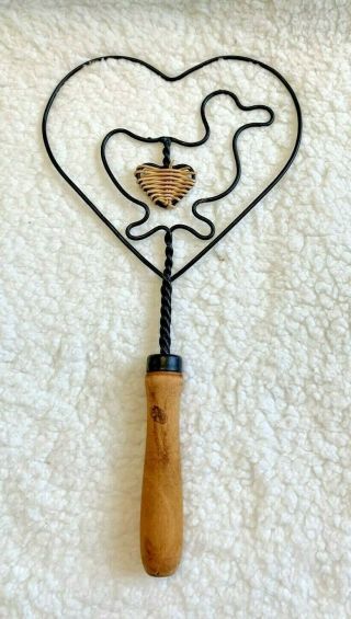 Duck Pattern Heart Shaped Rug Beater Wire With Wood Handle Possibly Vintage