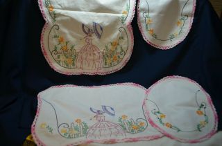Vintage Hand Embroidered Dresser Scarf Set Of Four