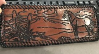 Vintage Western Style Horse Hand Tooled Embossed Leather Bi - Fold Wallet Fall