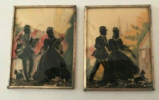 2 Vintage Reverse Painted Silhouette Pictures W/convex Glass 3.  5 " X 4.  5 "