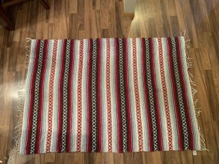 Vtg Hand Woven Mexican Textile Falsa Blanket Cotton Wool Striped Fringe 72”x50”