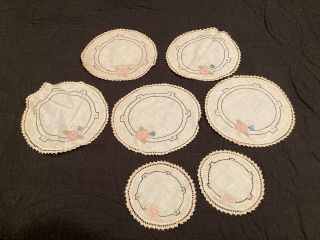 7 Vintage Round Doilies Embroidered 9 " / 6 " Linen