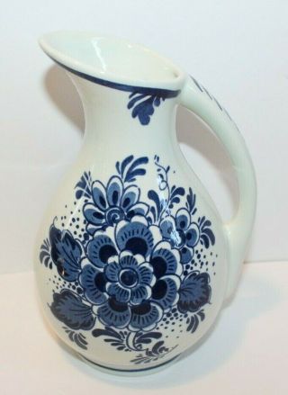 Vintage Blauw Delfts Distel Scr.  Hand - Painted 6.  5 " Pitcher Vase Made In Holland