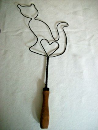 Vintage Cat Rug Beater With Heart - Wire With Wood Handle