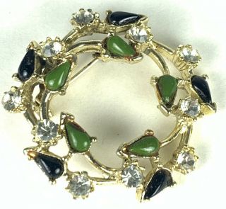 Vintage Gold Tone Green Black Enamel Clear Rhinestone Leaf Wreath Brooch Pin 1.  5