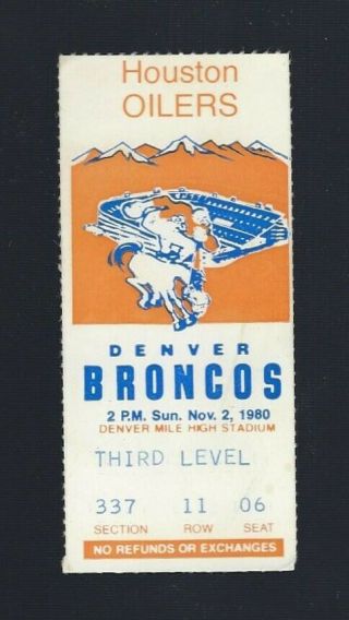 Vintage 1980 Nfl Houston Oilers @ Denver Broncos Football Ticket Stub