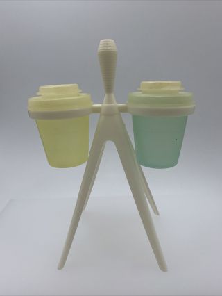 Vintage Tupperware Atomic Salt And Pepper Shakers With Stand Set