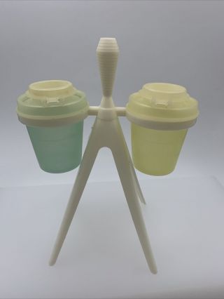 Vintage TUPPERWARE Atomic Salt and Pepper Shakers with Stand Set 3