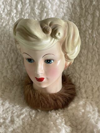 Vintage 6 " Enesco Fur Collar Lady Head Vase Open Eyes