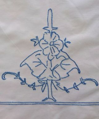 Vintage White With Blue Hand Stitched Tablecloth Floral 46” Square