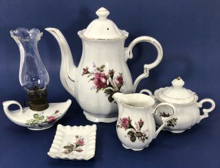 Vintage Porcelain Moss Rose Coffee Tea Pot Cream Sugar Lantern Set Of 5 (rg - L2)