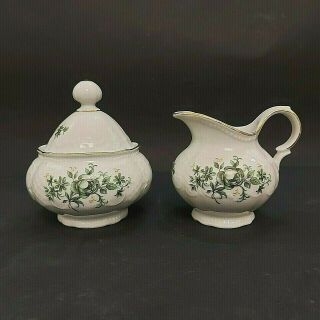 Vintage Seltmann Weiden Bavaria W.  Germany Green Floral Porcelain Sugar & Creamer