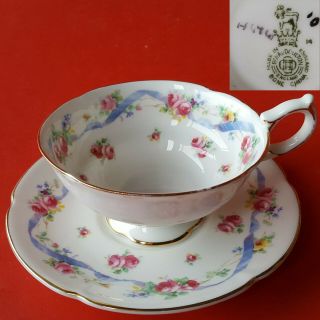 Royal Doulton England H4761 Footed Teacup & Saucer.  Pink Roses Blue Ribbon Gold