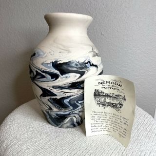 Nemadji Indian River Pottery Blue Swirl Ceramic Vase 10 " Hand Painted Vintage