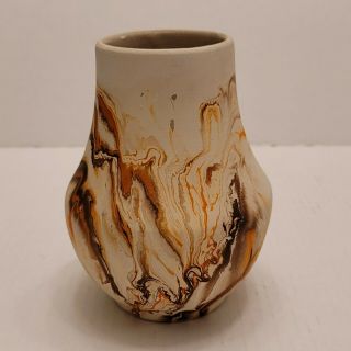 Vintage Nemadji Clay Pottery Vase Orange Brown Swirls Handmade 6.  5 " Tall