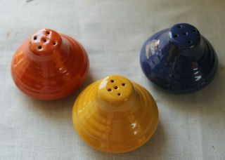 3 Vintage Bauer Pottery Ring Ware Blue Orange Yellow 5 Hole Salt Pepper Shakers
