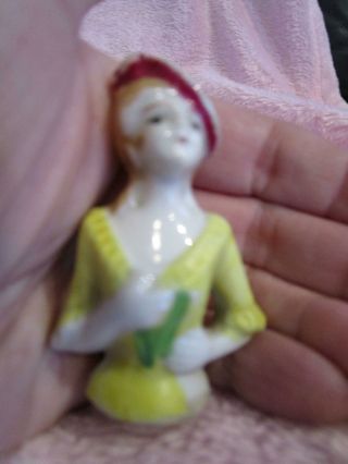 Germany Porcelain Half Doll In Hat With Yellow Small 2 - 1/4 " Tall