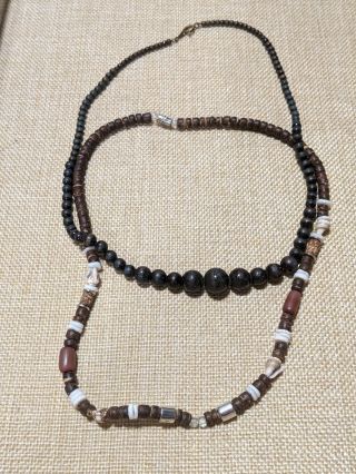 Vintage Set Of 2 Wooden Bead Sea Shell Acrylic Bead Choker Necklaces Surfer Boho