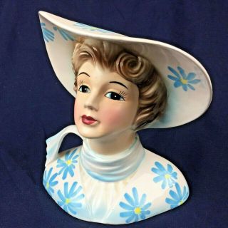 Vintage Lady Head Vase 4945 6 1/2 " Tall Blue And Yellow Flowers