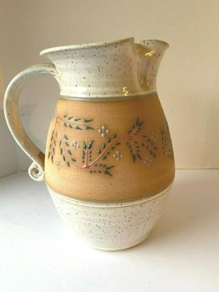 Studio Art Pottery Pitcher Hand Thrown Stoneware Vintage Signed 10” Paint Accent